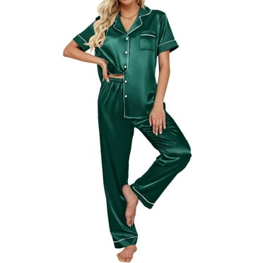 DAKIMOE Silk Satin Pajamas Set for Women Two-Piece Short Sleeve Shirt with Long Pajama Pant Set Soft Button Down Loungewear Nightwear Pjs Sleepwear for Women