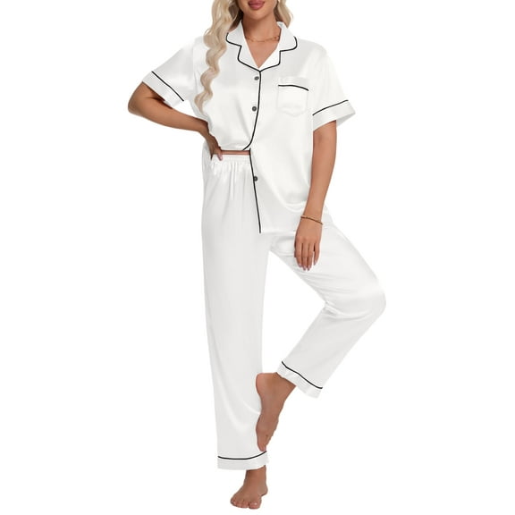 DAKIMOE Silk Satin Pajamas Set for Women Two-Piece Short Sleeve Shirt with Long Pajama Pant Set Soft Button Down Loungewear Nightwear Pjs Sleepwear for Women