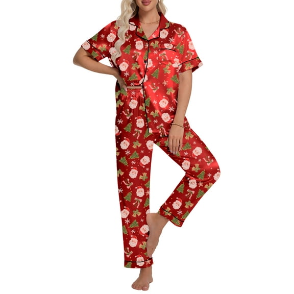 DAKIMOE Silk Satin Pajamas Set for Women Two-Piece Short Sleeve Shirt with Long Pajama Pant Set Soft Button Down Loungewear Nightwear Pjs Sleepwear for Women