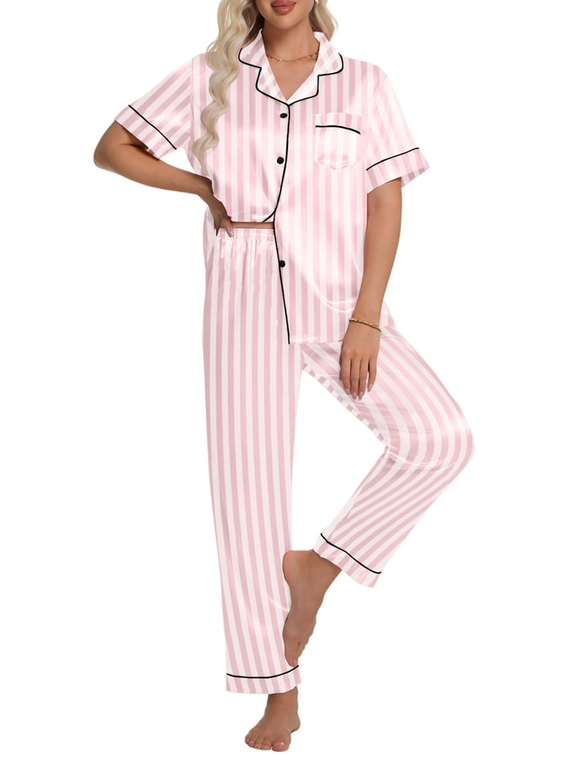 DAKIMOE Silk Satin Pajama Set for Women, Two-Piece Short Sleeve Shirt, Long  Pajama Pants - Walmart.com, image size:800x1067