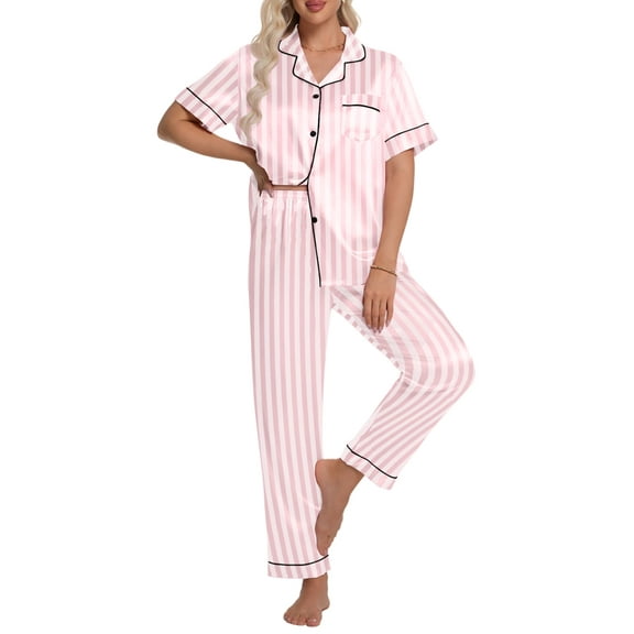 DAKIMOE Silk Satin Pajamas Set for Women Two-Piece Short Sleeve Shirt with Long Pajama Pant Set Soft Button Down Loungewear Nightwear Pjs Sleepwear for Women