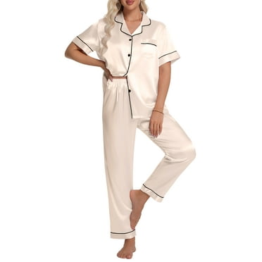 DAKIMOE Silk Satin Pajamas Set for Women Two-Piece Short Sleeve Shirt with Long Pajama Pant Set Soft Button Down Loungewear Nightwear Pjs Sleepwear for Women