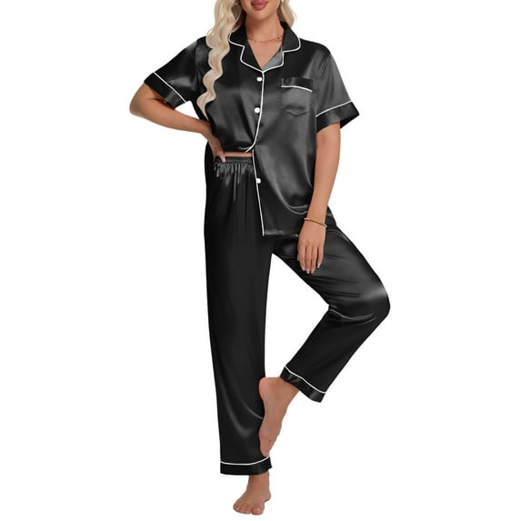 DAKIMOE Silk Satin Pajamas Set for Women Two-Piece Short Sleeve Shirt with Long Pajama Pant Set Soft Button Down Loungewear Nightwear Pjs Sleepwear for Women