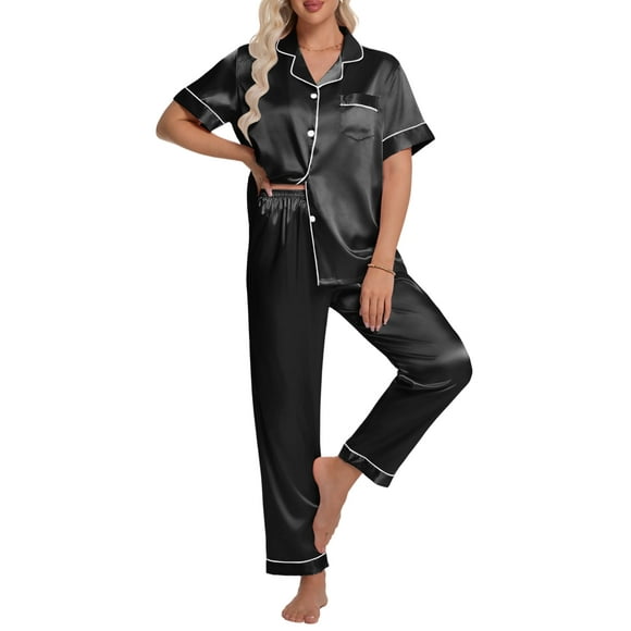 DAKIMOE Silk Satin Pajamas Set for Women Two-Piece Short Sleeve Shirt with Long Pajama Pant Set Soft Button Down Loungewear Nightwear Pjs Sleepwear for Women