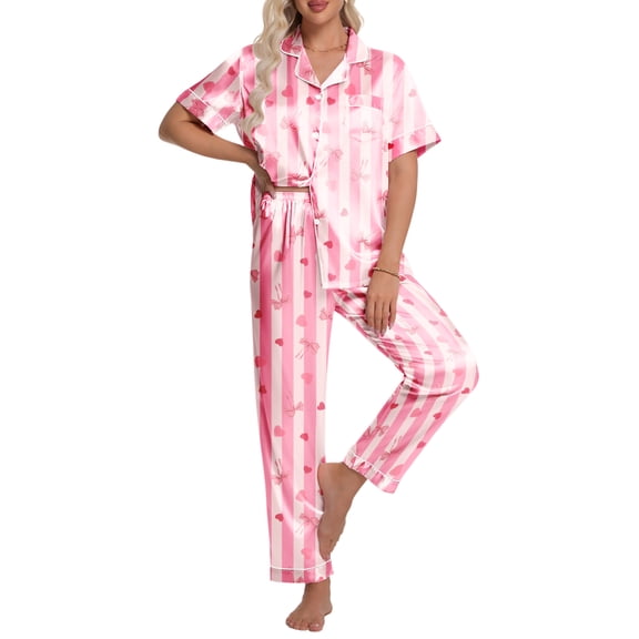 DAKIMOE Silk Satin Pajamas Set for Women Two-Piece Short Sleeve Shirt with Long Pajama Pant Set Soft Button Down Loungewear Nightwear Pjs Sleepwear for Women