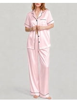 DAKIMOE Silk Satin Pajamas Set for Women Two-Piece Short Sleeve Shirt with Long Pajama Pant Set Soft Button Down Loungewear Nightwear Pjs Sleepwear for Women