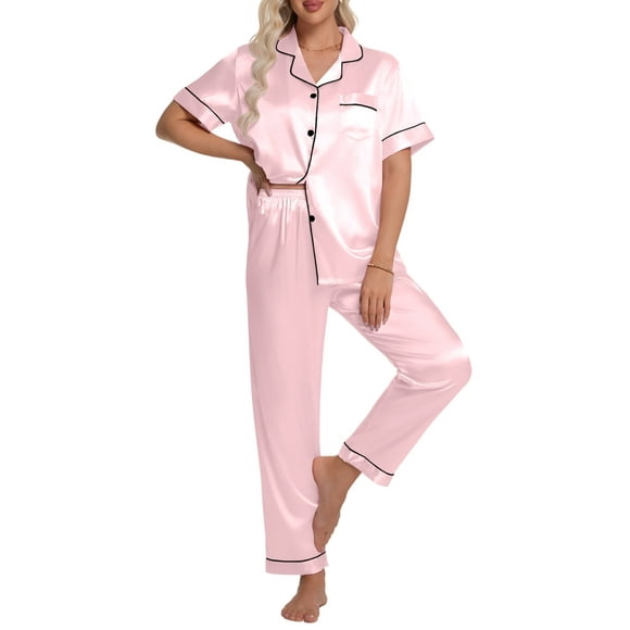DAKIMOE Silk Satin Pajamas Set for Women Two-Piece Short Sleeve Shirt with Long Pajama Pant Set Soft Button Down Loungewear Nightwear Pjs Sleepwear for Women