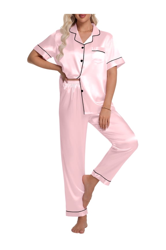 Silk Satin Pajamas Set for Women Two-Piece Short Sleeve Shirt with Long Pajama Pant Set Soft Button Down Loungewear Nightwear Pjs Sleepwear for Women