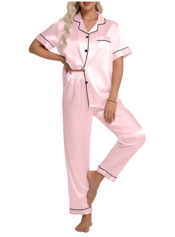 Silk Satin Pajamas Set for Women Two-Piece Short Sleeve Shirt with Long Pajama Pant Set Soft Button Down Loungewear Nightwear Pjs Sleepwear for Women
