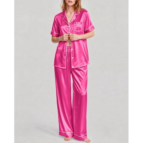 DAKIMOE Silk Satin Pajamas Set for Women Two-Piece Short Sleeve Shirt with Long Pajama Pant Set Soft Button Down Loungewear Nightwear Pjs Sleepwear for Women