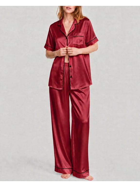 Silk Satin Pajamas Set for Women Two-Piece Short Sleeve Shirt with Long Pajama Pant Set Soft Button Down Loungewear Nightwear Pjs Sleepwear for Women