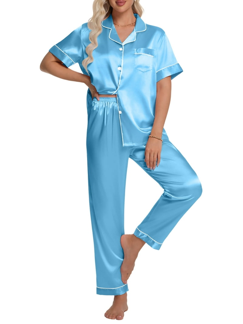 DAKIMOE Silk Satin Pajamas for Women, Short Sleeve Shirt and Long Pants,  Soft Button-Down Sleepwear - Walmart.com, image size:800x1067