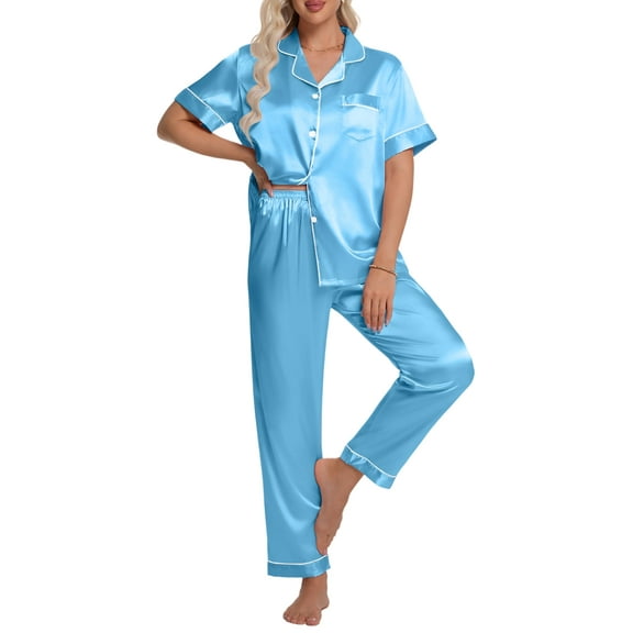 DAKIMOE Silk Satin Pajamas Set for Women Two-Piece Short Sleeve Shirt with Long Pajama Pant Set Soft Button Down Loungewear Nightwear Pjs Sleepwear for Women