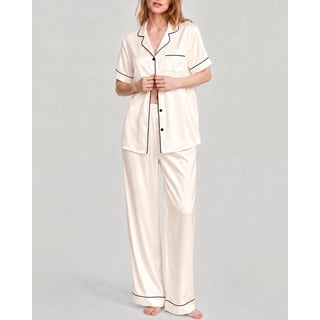 DAKIMOE Silk Satin Pajamas Set for Women Two-Piece Short Sleeve Shirt with Long Pajama Pant Set Soft Button Down Loungewear Nightwear Pjs Sleepwear for Women