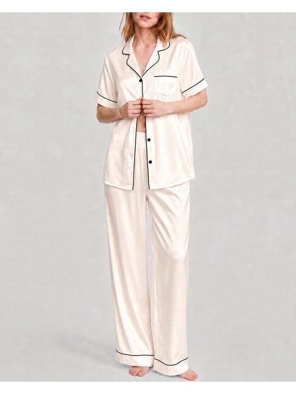 Silk Satin Pajamas Set for Women Two-Piece Short Sleeve Shirt with Long Pajama Pant Set Soft Button Down Loungewear Nightwear Pjs Sleepwear for Women