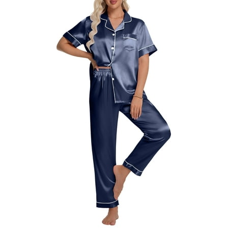 DAKIMOE Silk Satin Pajamas Set for Women Two-Piece Short Sleeve Shirt with Long Pajama Pant Set Soft Button Down Loungewear Nightwear Pjs Sleepwear for Women