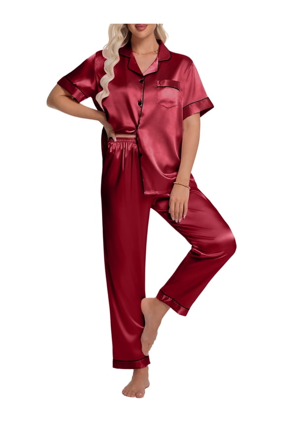 Silk Satin Pajamas Set for Women Two-Piece Short Sleeve Shirt with Long Pajama Pant Set Soft Button Down Loungewear Nightwear Pjs Sleepwear for Women