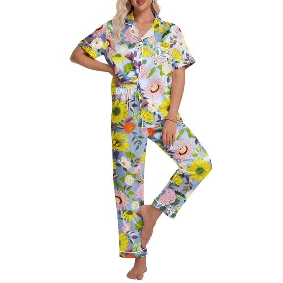 DAKIMOE Silk Satin Pajamas Set for Women Two-Piece Short Sleeve Shirt with Long Pajama Pant Set Soft Button Down Loungewear Nightwear Pjs Sleepwear for Women