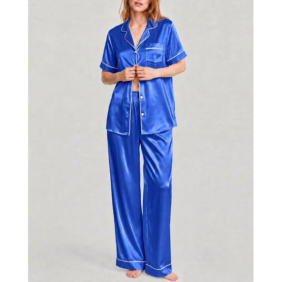 DAKIMOE Silk Satin Pajamas Set for Women Two-Piece Short Sleeve Shirt with Long Pajama Pant Set Soft Button Down Loungewear Nightwear Pjs Sleepwear for Women