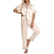 DAKIMOE Silk Satin Pajamas Set for Women Two-Piece Short Sleeve Shirt with Long Pajama Pant Set Soft Button Down Loungewear Nightwear Pjs Sleepwear for Women