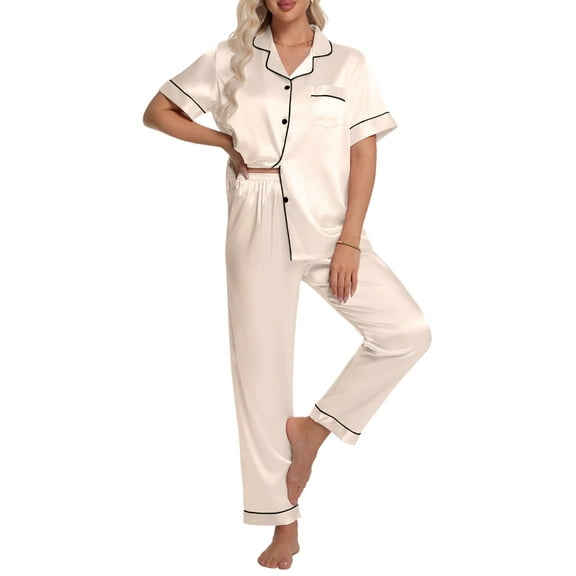 DAKIMOE Silk Satin Pajamas Set for Women Two-Piece Short Sleeve Shirt with Long Pajama Pant Set Soft Button Down Loungewear Nightwear Pjs Sleepwear for Women