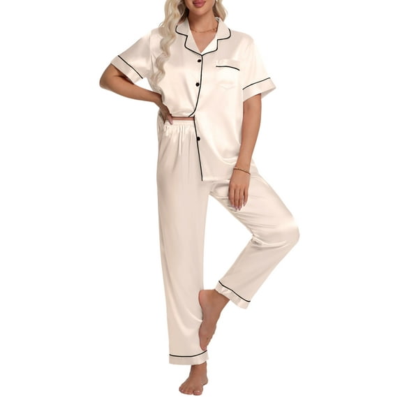 DAKIMOE Silk Satin Pajamas Set for Women Two-Piece Short Sleeve Shirt with Long Pajama Pant Set Soft Button Down Loungewear Nightwear Pjs Sleepwear for Women