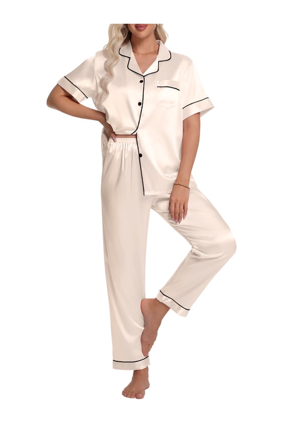 Silk Satin Pajamas Set for Women Two-Piece Short Sleeve Shirt with Long Pajama Pant Set Soft Button Down Loungewear Nightwear Pjs Sleepwear for Women