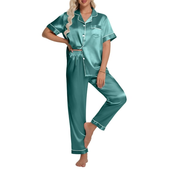 DAKIMOE Silk Satin Pajamas Set for Women Two-Piece Short Sleeve Shirt with Long Pajama Pant Set Soft Button Down Loungewear Nightwear Pjs Sleepwear for Women