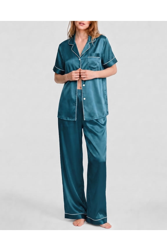 Silk Satin Pajamas Set for Women Two-Piece Short Sleeve Shirt with Long Pajama Pant Set Soft Button Down Loungewear Nightwear Pjs Sleepwear for Women