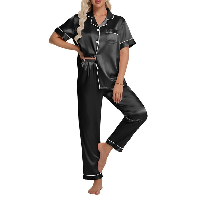 Satin Pajamas Cute Black Pajamas DAKIMOE Silk Satin Pajamas Set - Main Image