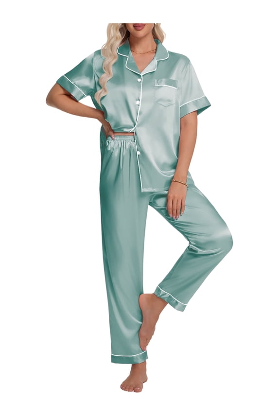 Silk Satin Pajamas Set for Women Two-Piece Short Sleeve Shirt with Long Pajama Pant Set Soft Button Down Loungewear Nightwear Pjs Sleepwear for Women