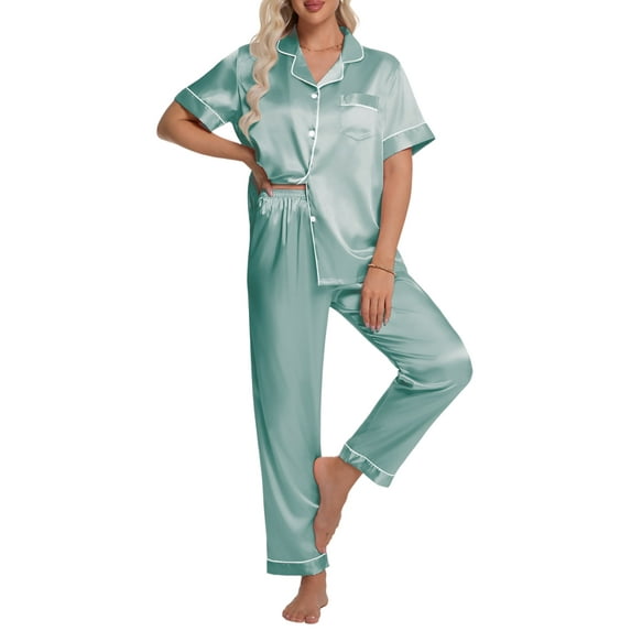 DAKIMOE Silk Satin Pajamas Set for Women Two-Piece Short Sleeve Shirt with Long Pajama Pant Set Soft Button Down Loungewear Nightwear Pjs Sleepwear for Women
