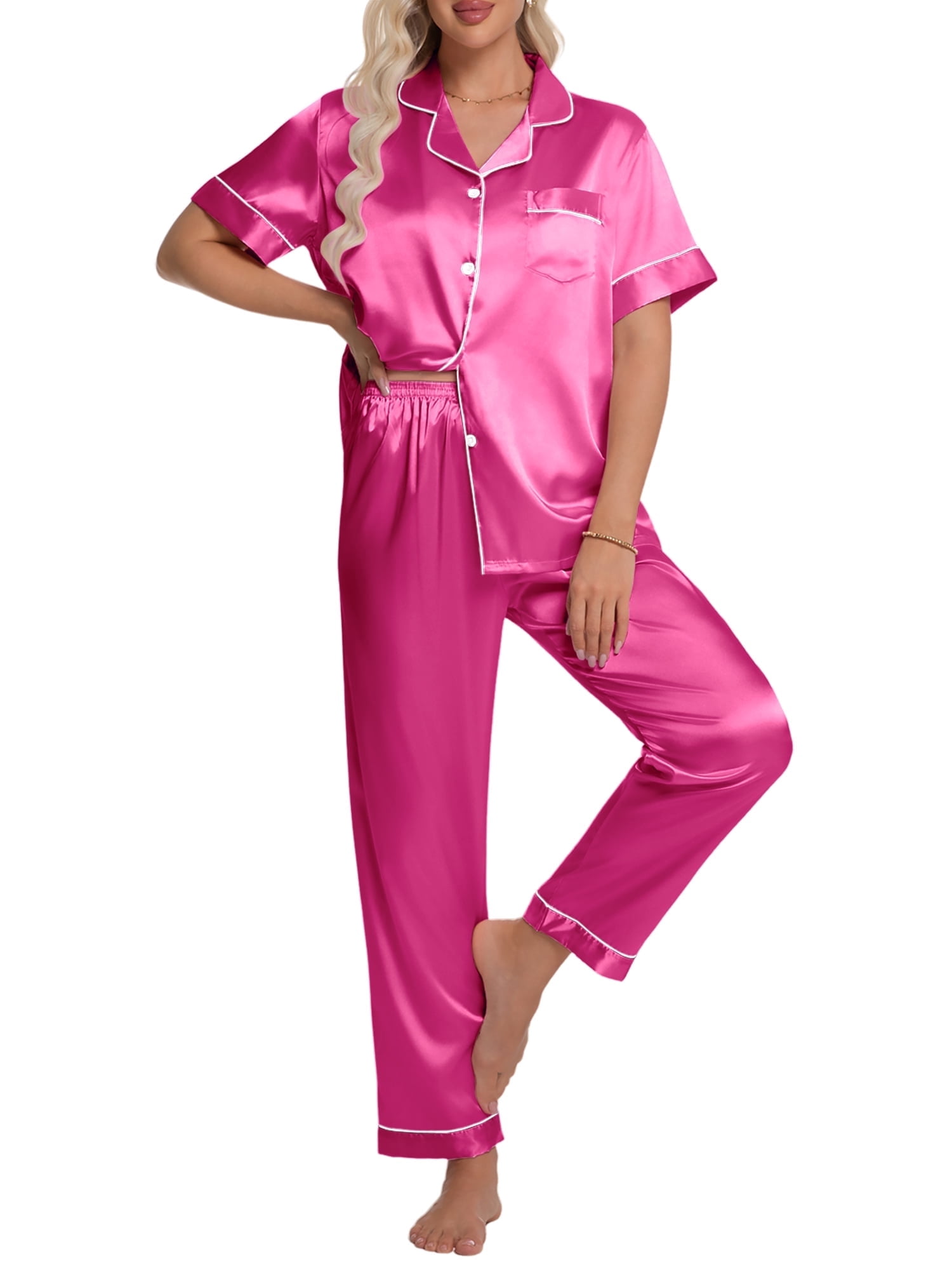 DAKIMOE Silk Satin Pajamas Set for Women Two-Piece Short Sleeve