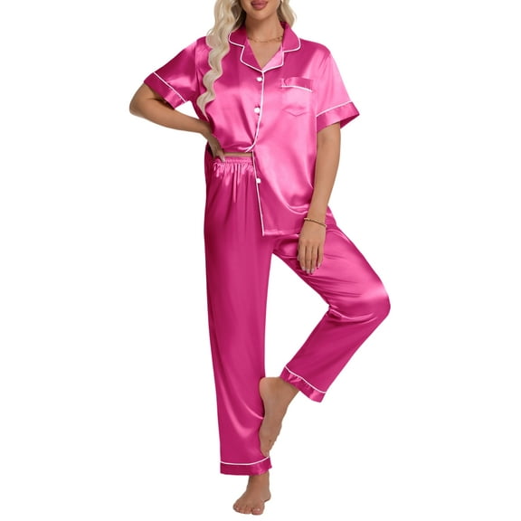 DAKIMOE Silk Satin Pajamas Set for Women Two-Piece Short Sleeve Shirt with Long Pajama Pant Set Soft Button Down Loungewear Nightwear Pjs Sleepwear for Women