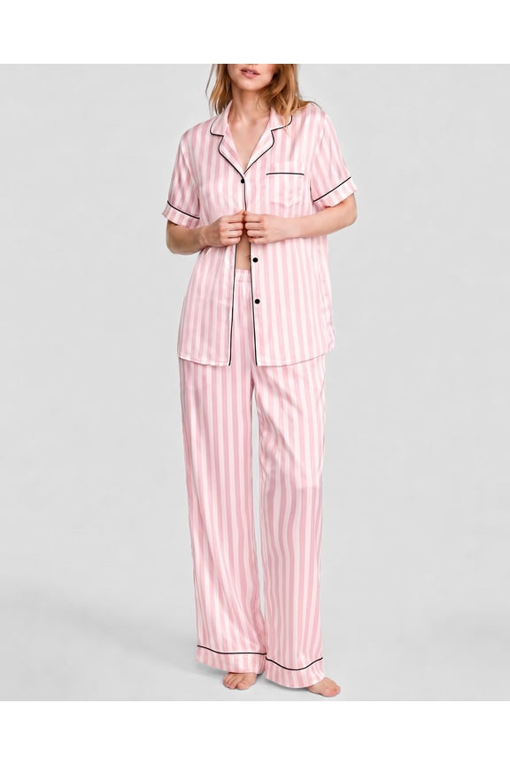 Silk Satin Pajamas Set for Women Two-Piece Short Sleeve Shirt with Long Pajama Pant Set Soft Button Down Loungewear Nightwear Pjs Sleepwear for Women
