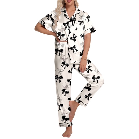 DAKIMOE Silk Satin Pajamas Set for Women Two-Piece Short Sleeve Shirt with Long Pajama Pant Set Soft Button Down Loungewear Nightwear Pjs Sleepwear for Women