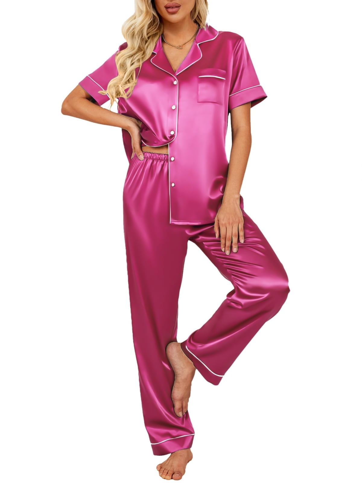 DAKIMOE Silk Satin Pajamas Set for Women Two-Piece Short Sleeve Shirt with Long Pajama Pant Set Soft Button Down Loungewear Nightwear Pjs Sleepwear for Women