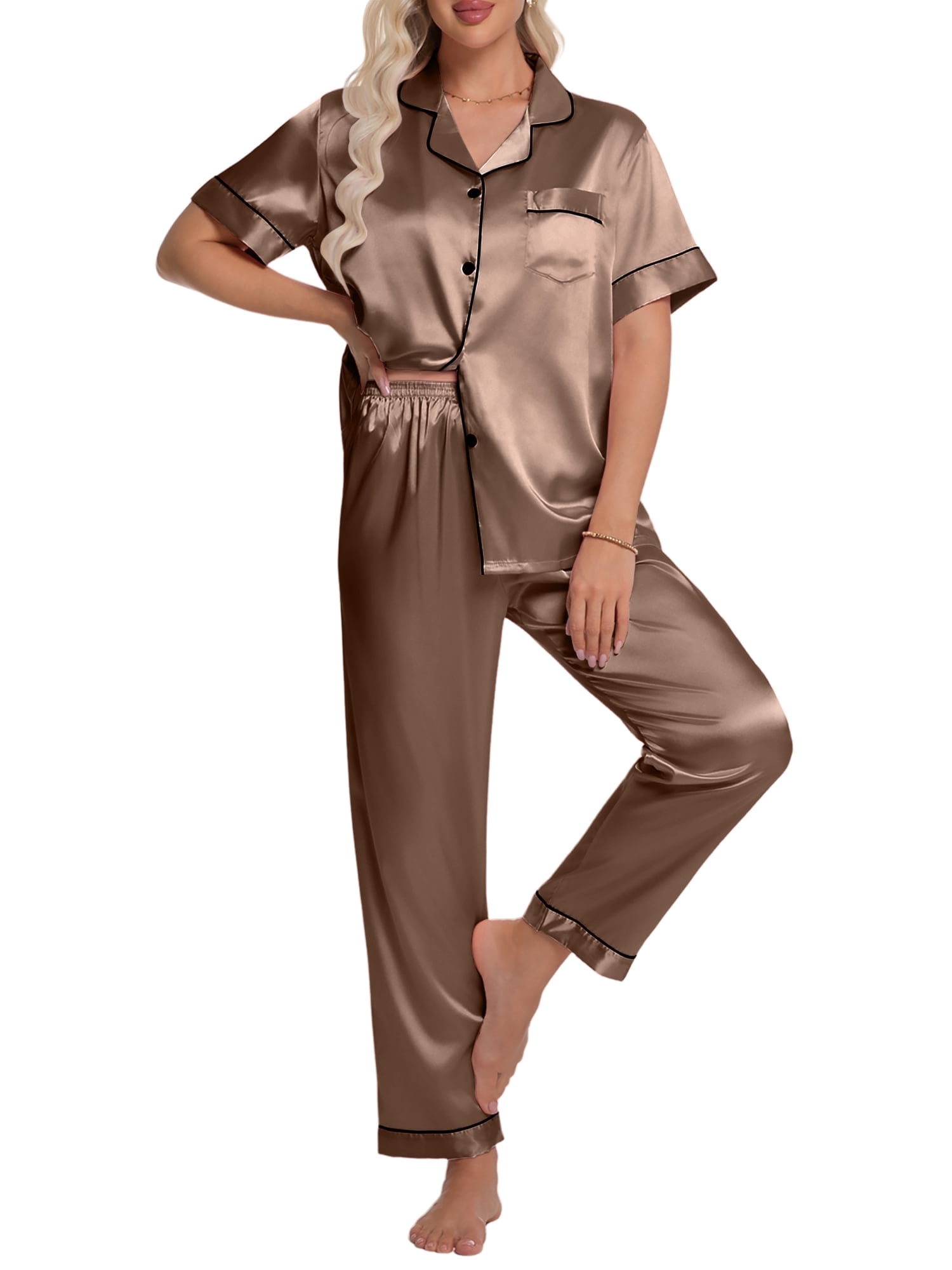 DAKIMOE Silk Satin Pajamas Set for Women Two-Piece Short Sleeve