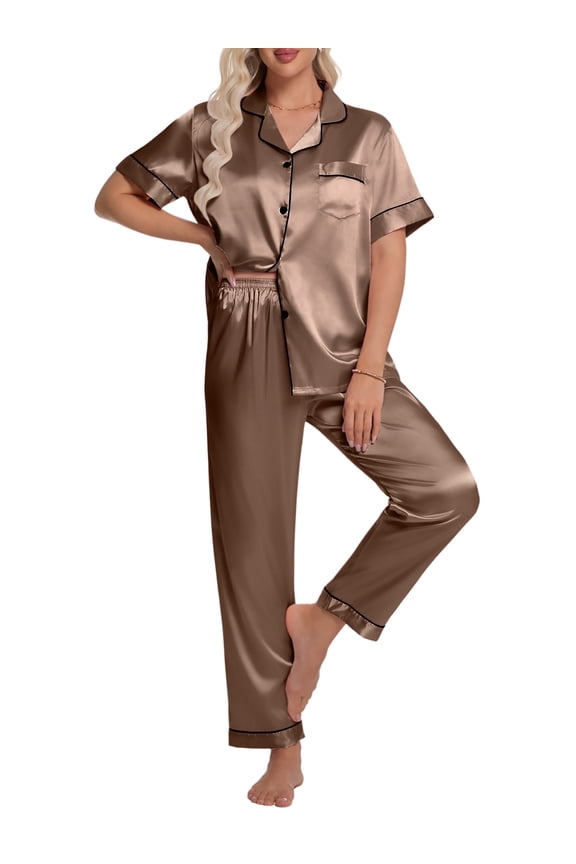 Silk Satin Pajamas Set for Women Two-Piece Short Sleeve Shirt with Long Pajama Pant Set Soft Button Down Loungewear Nightwear Pjs Sleepwear for Women