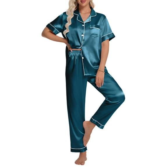 DAKIMOE Silk Satin Pajamas Set for Women Two-Piece Short Sleeve Shirt with Long Pajama Pant Set Soft Button Down Loungewear Nightwear Pjs Sleepwear for Women