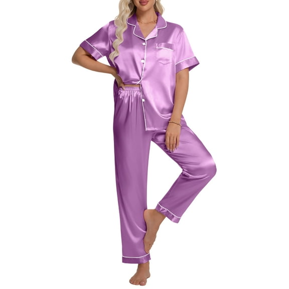 DAKIMOE Silk Satin Pajamas Set for Women Two-Piece Short Sleeve Shirt with Long Pajama Pant Set Soft Button Down Loungewear Nightwear Pjs Sleepwear for Women