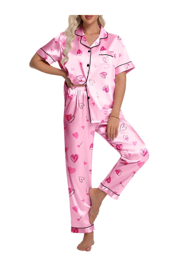 Silk Satin Pajamas Set for Women Two-Piece Short Sleeve Shirt with Long Pajama Pant Set Soft Button Down Loungewear Nightwear Pjs Sleepwear for Women