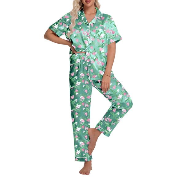 DAKIMOE Silk Satin Pajamas Set for Women Two-Piece Short Sleeve Shirt with Long Pajama Pant Set Soft Button Down Loungewear Nightwear Pjs Sleepwear for Women
