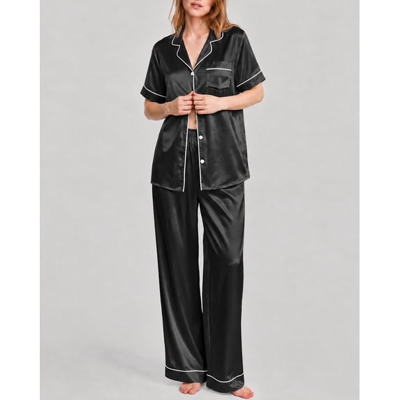 DAKIMOE Silk Satin Pajamas Set for Women Two-Piece Short Sleeve Shirt with Long Pajama Pant Set Soft Button Down Loungewear Nightwear Pjs Sleepwear for Women