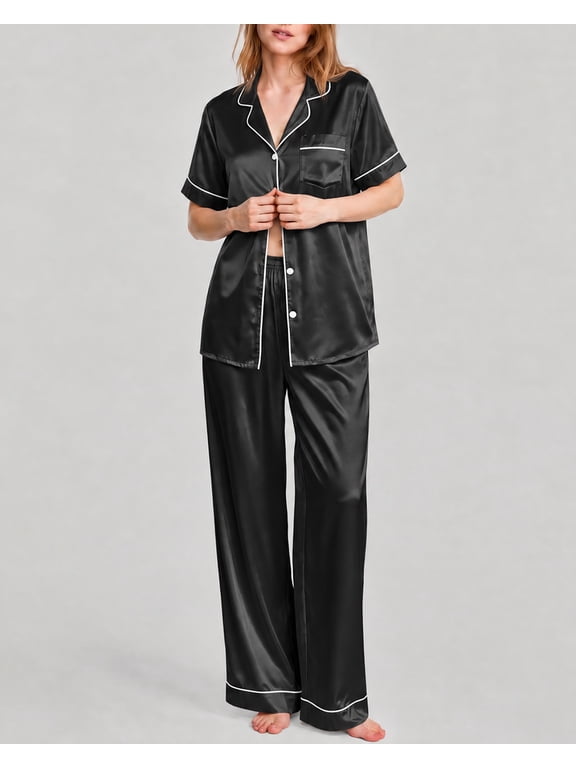 Silk Satin Pajamas Set for Women Two-Piece Short Sleeve Shirt with Long Pajama Pant Set Soft Button Down Loungewear Nightwear Pjs Sleepwear for Women