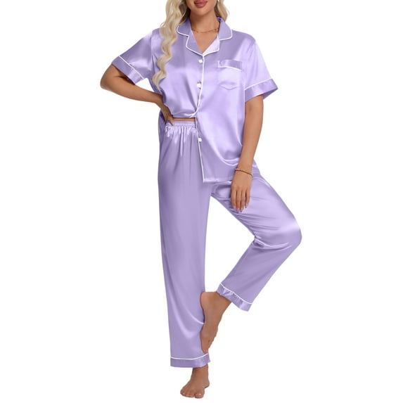 DAKIMOE Silk Satin Pajamas Set for Women Two-Piece Short Sleeve Shirt with Long Pajama Pant Set Soft Button Down Loungewear Nightwear Pjs Sleepwear for Women