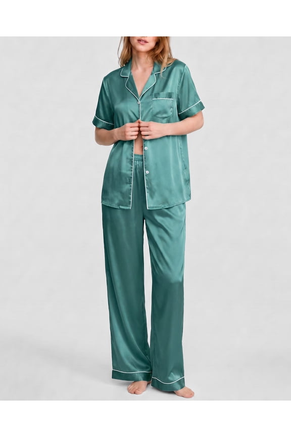 Silk Satin Pajamas Set for Women Two-Piece Short Sleeve Shirt with Long Pajama Pant Set Soft Button Down Loungewear Nightwear Pjs Sleepwear for Women