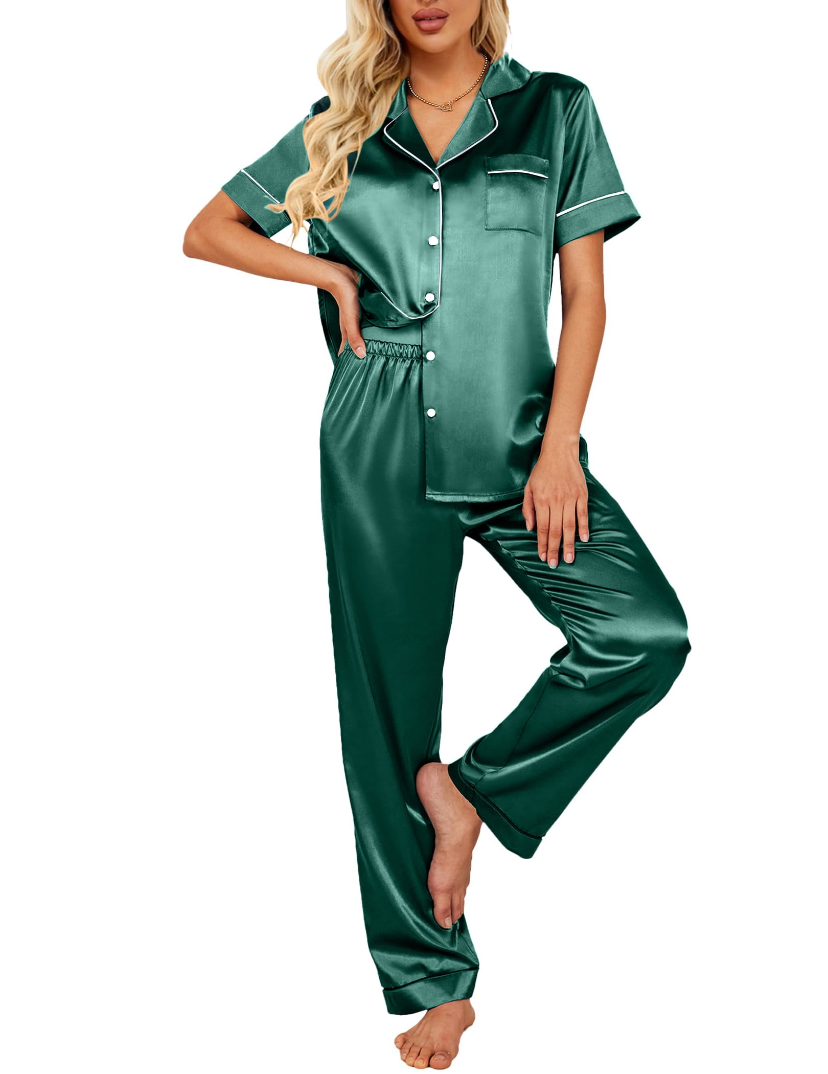 Ekouaer Satin Pajamas Women's Long Sleeve Sleepwear Silk Soft Button D –  ekouaercommunity