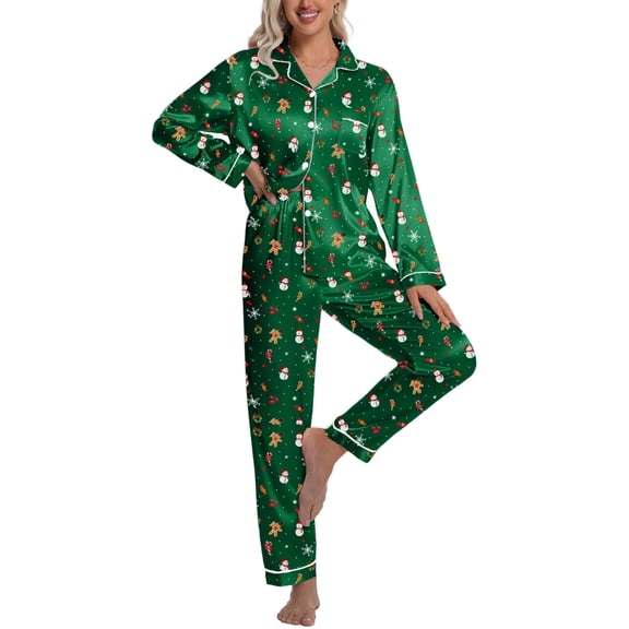 DAKIMOE Silk Satin Pajamas Set Womens Christmas Pajamas Long Sleepwear Button Down 2 Piece Classic Soft Loungewear Pjs Set