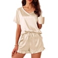 thumbnail image 1 of DAKIMOE Silk Satin Pajamas for Women Short Sleeve Sleepwear Two Piece Pj Sets with Ruffled Shorts Casual Loungewear, White, S, 1 of 10